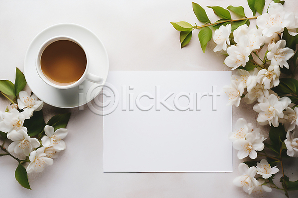 사람없음 JPG 디지털합성 편집이미지 꽃 백그라운드 종이 카피스페이스 커피 커피잔 컵받침 편집소스 흰색