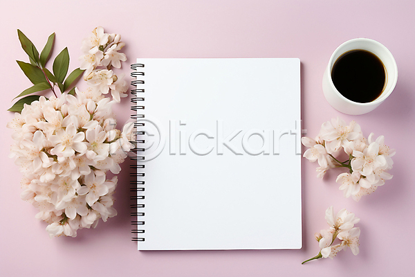 사람없음 JPG 디지털합성 편집이미지 공책 꽃 백그라운드 분홍색 종이 카피스페이스 커피 편집소스