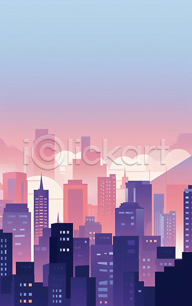 사람없음 JPG 일러스트 건물 구름(자연) 그라데이션 도시 보라색 빌딩 풍경(경치) 하늘