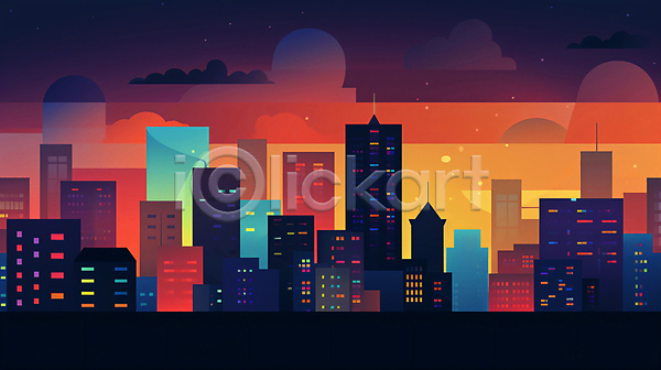 사람없음 JPG 일러스트 건물 구름(자연) 도시 밤하늘 빌딩 컬러풀 풍경(경치)