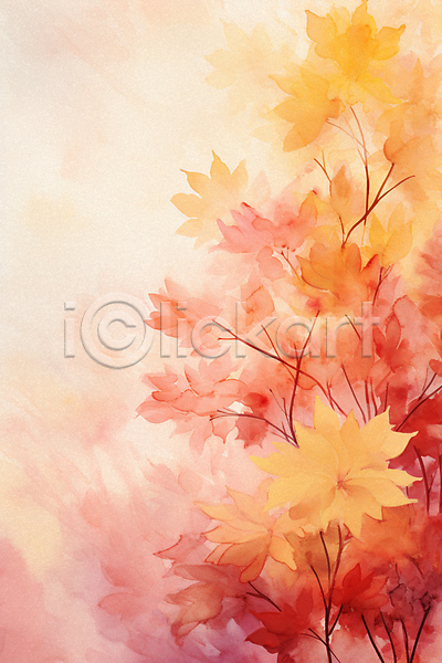 사람없음 PSD 일러스트 가을(계절) 나뭇가지 단풍 백그라운드 빨간색 수채화(물감) 풍경(경치)