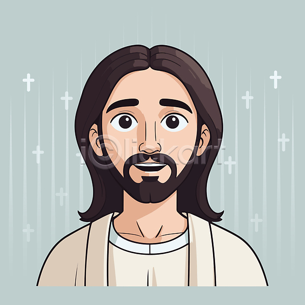 남자 성인 성인남자한명만 한명 AI(파일형식) 일러스트 기독교 미소(표정) 상반신 십자가 예수 캐릭터