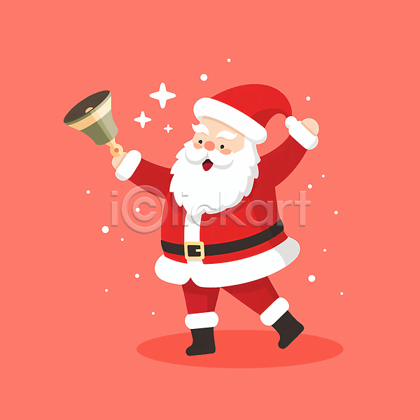 남자 노년 노인남자한명만 한명 JPG 일러스트 그림자 눈송이 들기 반짝임 빨간색 산타모자 산타캐릭터 산타클로스 손들기 수염 전신 핸드벨