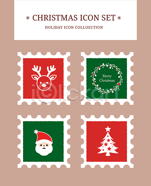 사람모양 사람없음 AI(파일형식) 아이콘 루돌프 빨간색 산타클로스 세트 우표 초록색 크리스마스리스 크리스마스트리