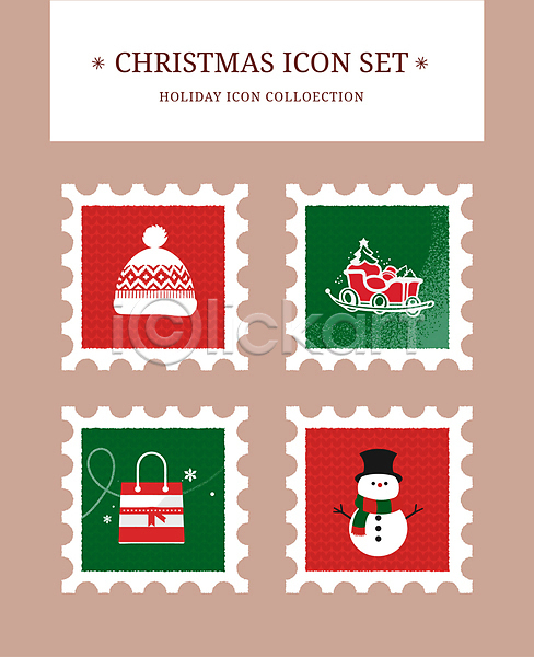 사람없음 AI(파일형식) 아이콘 눈사람 목도리 빨간색 세트 쇼핑 쇼핑백 썰매 우표 초록색 크리스마스 털모자