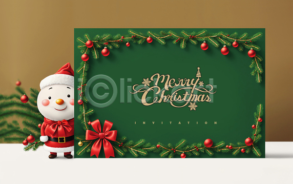 사람없음 PSD 템플릿 눈사람 리본 산타클로스 오너먼트 초록색 카드(감사) 크리스마스 크리스마스리스 크리스마스카드