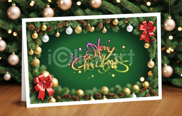 사람없음 PSD 템플릿 네온 리본 손글씨 오너먼트 잎 초록색 카드(감사) 크리스마스 크리스마스카드