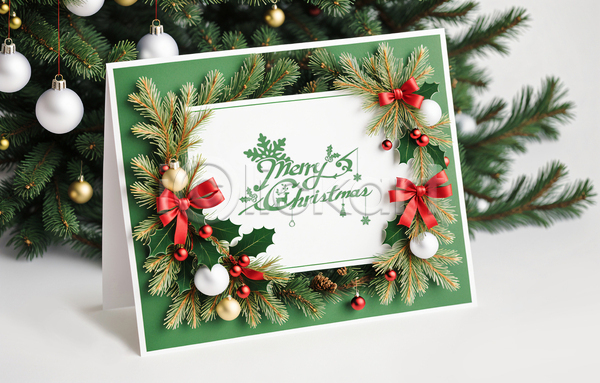 사람없음 PSD 템플릿 리본 오너먼트 잎 초록색 카드(감사) 크리스마스 크리스마스카드 프레임