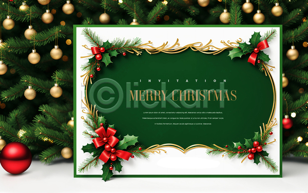 사람없음 PSD 템플릿 리본 오너먼트 초록색 카드(감사) 크리스마스 크리스마스카드 프레임 호랑가시나무열매 흰색