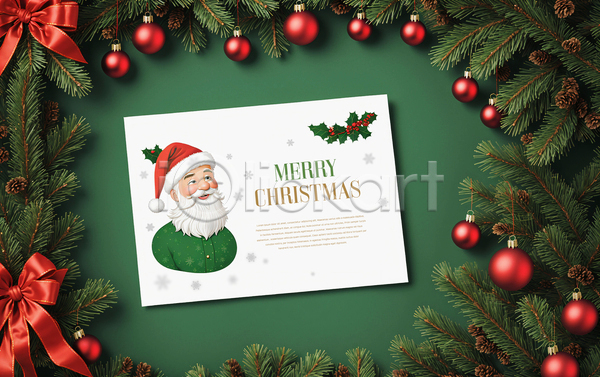 남자 성인 성인남자한명만 한명 PSD 템플릿 리본 산타클로스 상반신 오너먼트 잎 초록색 카드(감사) 크리스마스 크리스마스카드 흰색