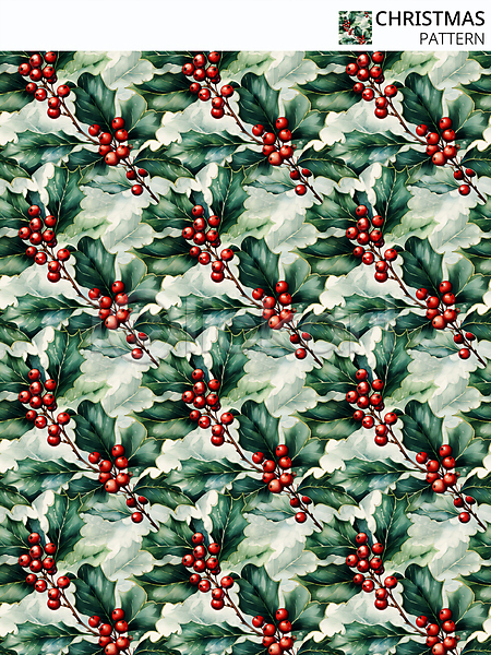 사람없음 PSD 디지털합성 편집이미지 겨울 초록색 크리스마스 패턴 패턴백그라운드 호랑가시나무열매