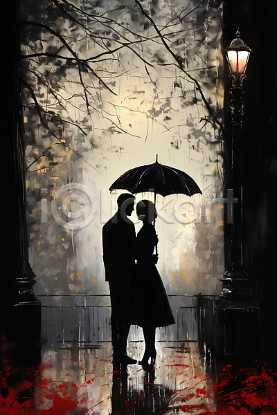 남자 두명 성인 성인만 여자 JPG 디지털합성 실루엣 편집이미지 가로등 거리 나뭇가지 낙엽 들기 마주보기 비(날씨) 어둠 우산 전신 커플 풍경(경치)