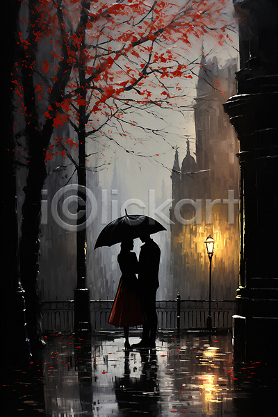 남자 두명 성인 성인만 여자 JPG 디지털합성 실루엣 편집이미지 가로등 거리 나무 낙엽 들기 마주보기 비(날씨) 어둠 우산 전신 커플 풍경(경치)