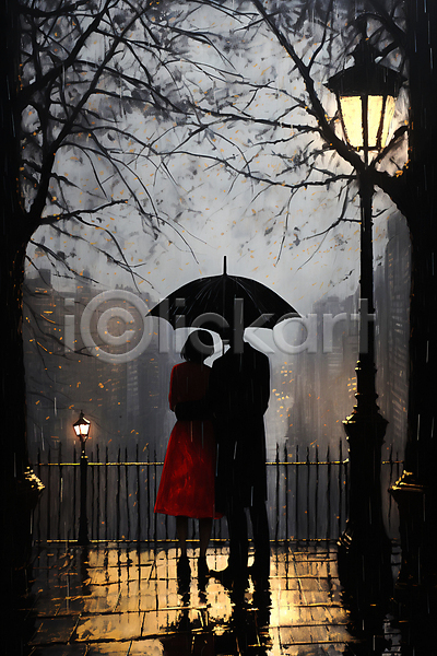 남자 두명 성인 성인만 여자 JPG 디지털합성 실루엣 편집이미지 가로등 거리 나뭇가지 들기 비(날씨) 어둠 우산 전신 커플 풍경(경치)