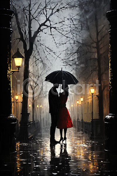남자 두명 성인 성인만 여자 JPG 디지털합성 실루엣 편집이미지 가로등 거리 나무 들기 마주보기 비(날씨) 어둠 우산 전신 커플 풍경(경치)