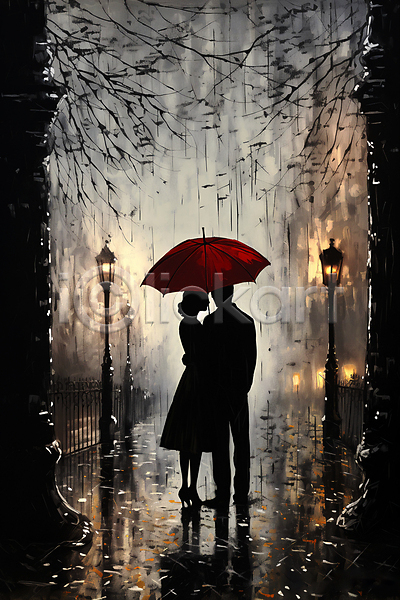 남자 두명 성인 성인만 여자 JPG 디지털합성 실루엣 편집이미지 가로등 거리 나뭇가지 낙엽 들기 비(날씨) 어둠 우산 전신 커플 풍경(경치)