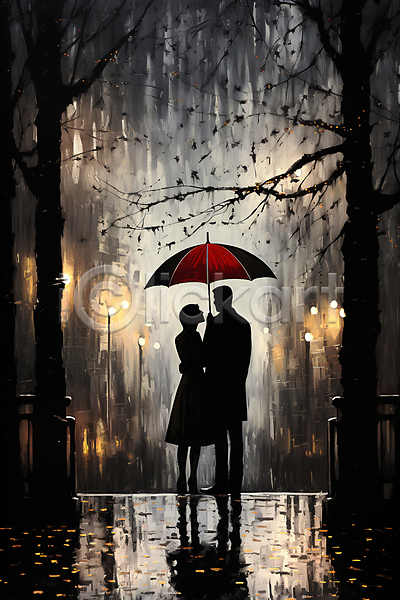 남자 두명 성인 성인만 여자 JPG 디지털합성 실루엣 편집이미지 가로등 거리 나뭇가지 낙엽 들기 마주보기 비(날씨) 어둠 우산 전신 커플 풍경(경치)