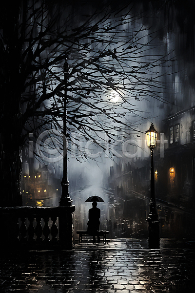 고독 사람 한명 JPG 디지털합성 실루엣 편집이미지 가로등 거리 나무 들기 비(날씨) 앉기 어둠 우산 전신 풍경(경치)