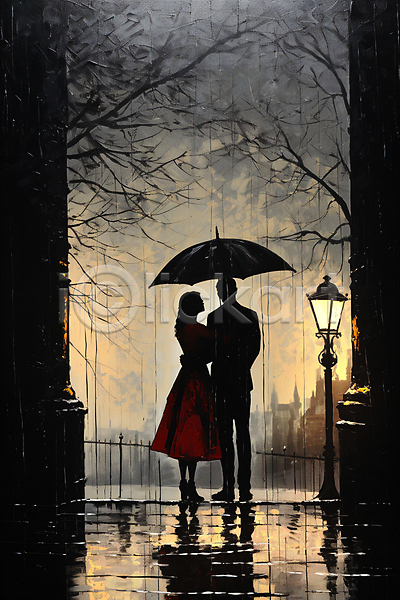 남자 두명 성인 성인만 여자 JPG 디지털합성 실루엣 편집이미지 가로등 거리 나뭇가지 들기 비(날씨) 어둠 우산 전신 커플 풍경(경치)
