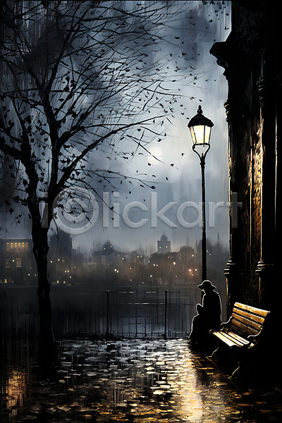 고독 사람 한명 JPG 디지털합성 실루엣 편집이미지 가로등 거리 나무 마을 벤치 비(날씨) 앉기 어둠 우산 전신 풍경(경치)