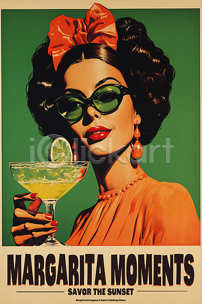빈티지 성인 성인여자한명만 여자 한명 PSD 디지털합성 편집이미지 들기 라임 리본 복고 상반신 선글라스 칵테일 패션 포스터