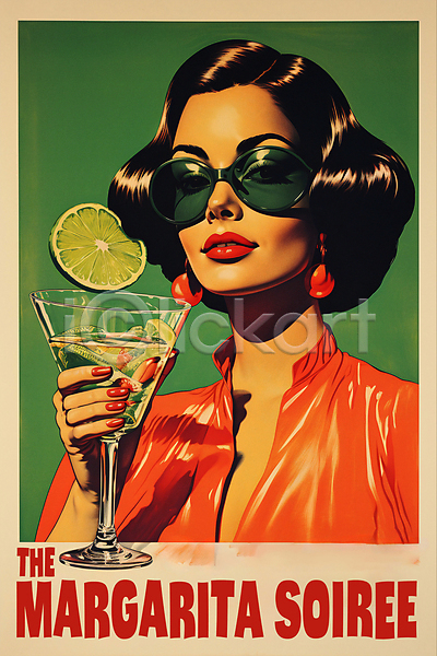 빈티지 성인 성인여자한명만 여자 한명 PSD 디지털합성 편집이미지 들기 라임 복고 상반신 선글라스 칵테일 패션 포스터