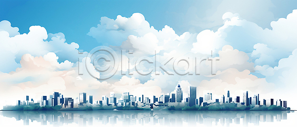 사람없음 PSD 실루엣 일러스트 건물 고층빌딩 구름(자연) 도시풍경 반사 백그라운드 빌딩숲 스카이라인 파란색 하늘 호수