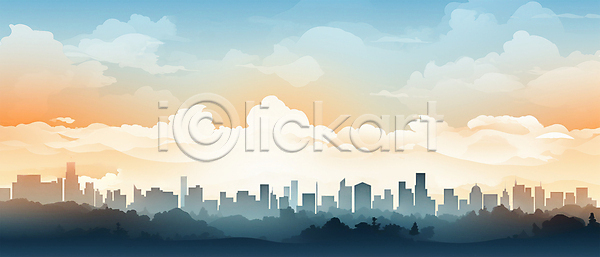 사람없음 PSD 실루엣 일러스트 건물 고층빌딩 구름(자연) 도시풍경 백그라운드 빌딩숲 산 스카이라인 주황색 하늘