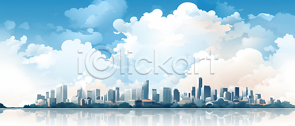 사람없음 PSD 실루엣 일러스트 건물 고층빌딩 구름(자연) 도시풍경 반사 백그라운드 빌딩숲 스카이라인 파란색 하늘 호수