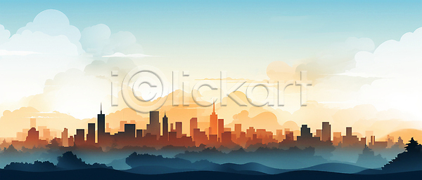 사람없음 PSD 실루엣 일러스트 건물 고층빌딩 구름(자연) 도시풍경 백그라운드 빌딩숲 산 스카이라인 주황색 하늘
