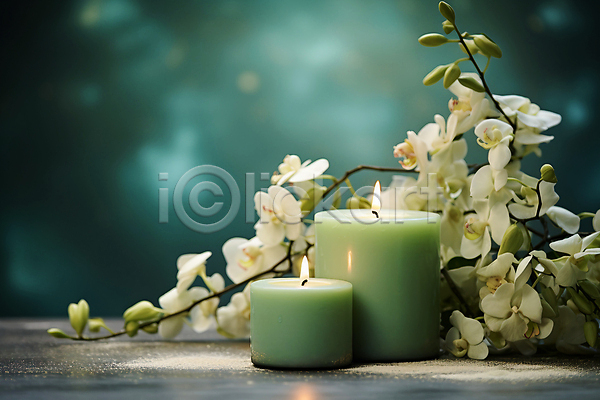 사람없음 JPG 편집이미지 꽃 두개 백그라운드 아로마 아로마테라피 양란 초록색 촛불 향초