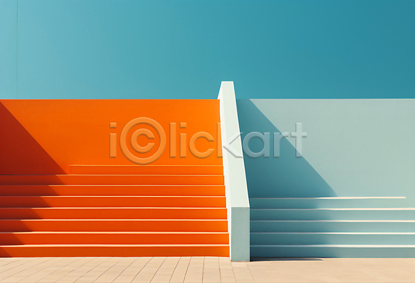 사람없음 JPG 디지털합성 편집이미지 건축물 계단 공간 디자인 모던 백그라운드 심플 주황색 하늘 하늘색