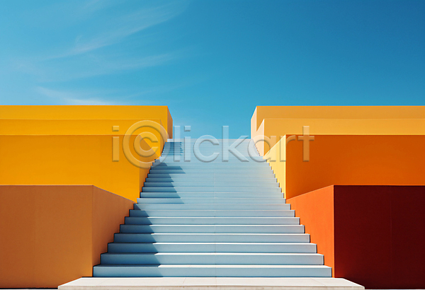 사람없음 JPG 디지털합성 편집이미지 건축물 계단 공간 디자인 모던 백그라운드 심플 주황색 하늘 하늘색