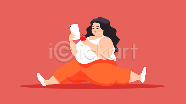 성인 성인여자한명만 여자 한명 JPG 일러스트 과체중 눈감음 다리찢기 들기 비만 빨간색 사과(과일) 스마트폰 요가 운동 전신