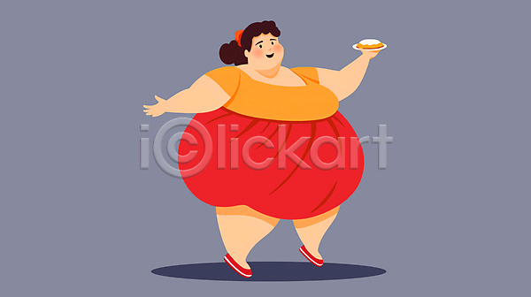 성인 성인여자한명만 여자 한명 JPG 일러스트 과체중 들기 비만 서기 전신 접시 파이(빵) 팔벌리기 폭식