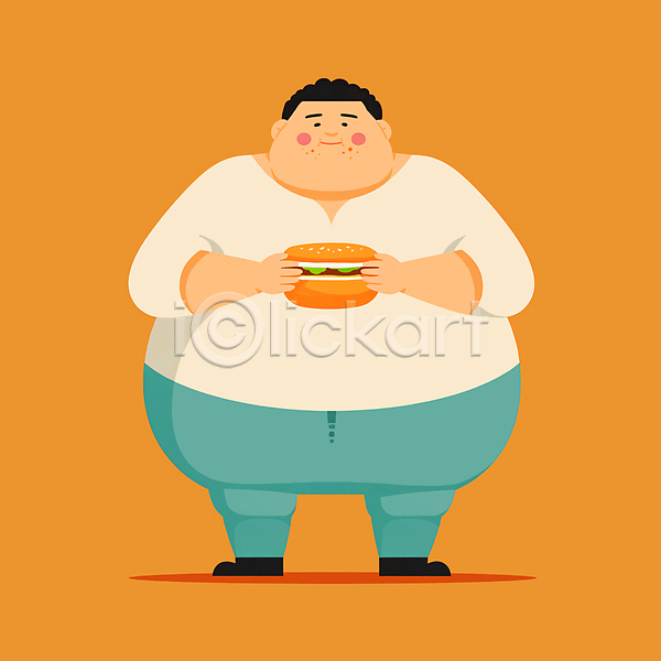 남자 성인 성인남자한명만 한명 JPG 일러스트 과체중 노란색 들기 먹기 비만 서기 전신 폭식 햄버거