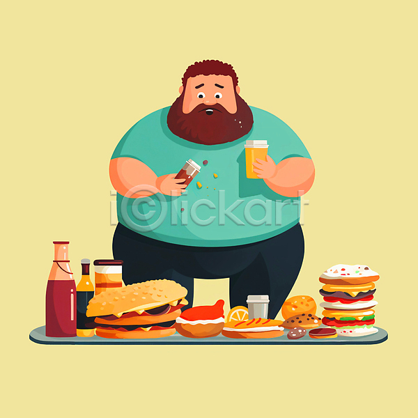 남자 성인 성인남자한명만 한명 JPG 일러스트 가득함 과체중 기름(음식) 들기 먹기 비만 상반신 소스(음식) 식사 오일(음식) 음료 정크푸드 조미료 치킨 쿠키 폭식 핫도그 햄버거
