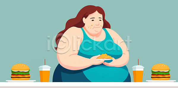 성인 성인여자한명만 여자 한명 JPG 일러스트 감자튀김 과체중 들기 먹기 비만 상반신 접시 주스 탁자 폭식 햄버거