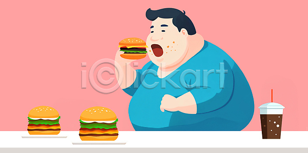 남자 성인 성인남자한명만 한명 JPG 일러스트 과체중 들기 먹기 비만 상반신 입벌림 콜라 탁자 폭식 햄버거