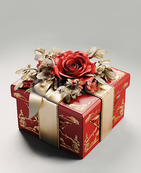 고급 사람없음 JPG 편집이미지 꽃 리본 빨간색 선물상자 오브젝트 잎 장미 장식