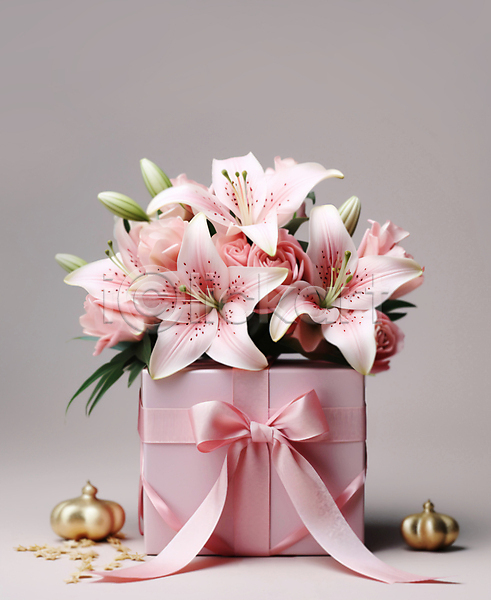 고급 사람없음 JPG 편집이미지 꽃 리본 분홍색 선물상자 오브젝트 잎 장식
