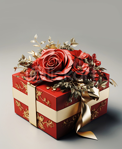 고급 사람없음 JPG 편집이미지 꽃 리본 빨간색 선물상자 오브젝트 잎 장미 장식