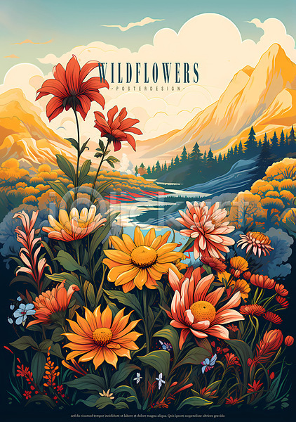 사람없음 PSD 편집이미지 강 구름(자연) 들꽃 산 자연 포스터 풀(식물) 풍경(경치) 하늘