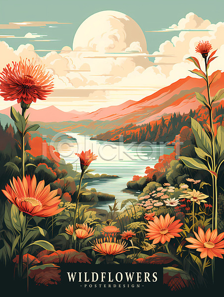 사람없음 PSD 편집이미지 강 구름(자연) 들꽃 산 자연 태양 포스터 풀(식물) 풍경(경치) 하늘
