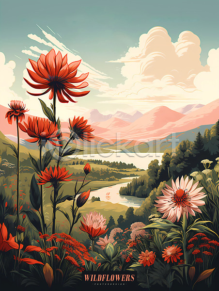 사람없음 PSD 편집이미지 강 구름(자연) 들꽃 산 자연 포스터 풀(식물) 풍경(경치) 하늘