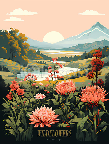 사람없음 PSD 편집이미지 강 구름(자연) 들꽃 산 일몰 자연 포스터 풀(식물) 풍경(경치) 하늘