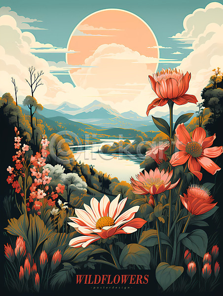 사람없음 PSD 편집이미지 강 구름(자연) 들꽃 산 자연 태양 포스터 풀(식물) 풍경(경치) 하늘