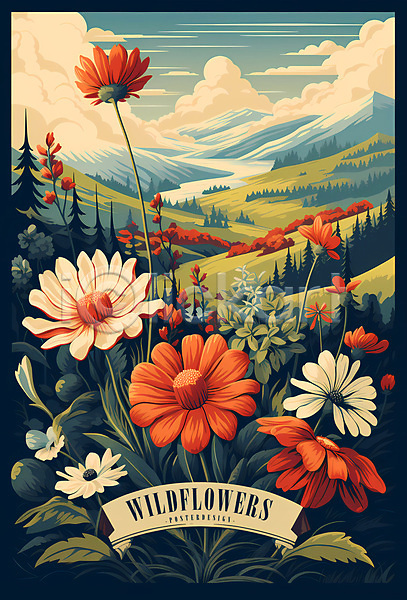 사람없음 PSD 편집이미지 구름(자연) 들꽃 리본 산 자연 포스터 풀(식물) 풍경(경치) 하늘