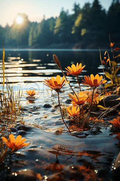 고요 사람없음 JPG 근접촬영 편집이미지 가을(계절) 가을풍경 꽃 낙엽 물결 반사 자연 풀(식물) 풍경(경치) 햇빛 호수
