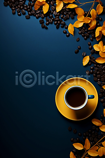 사람없음 JPG 편집이미지 하이앵글 가을(계절) 낙엽 남색 노란색 백그라운드 원두 카피스페이스 커피 커피잔